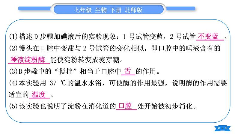 北师大版七年级生物下第4单元生物圈中的人专题六实验探究题习题课件第6页