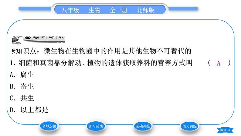 北师大版八年级生物上第5单元生物圈中的动物和微生物第18章生物圈中的微生物第1节微生物在生物圈中的作用第2课时微生物在生物圈中的作用习题课件第8页