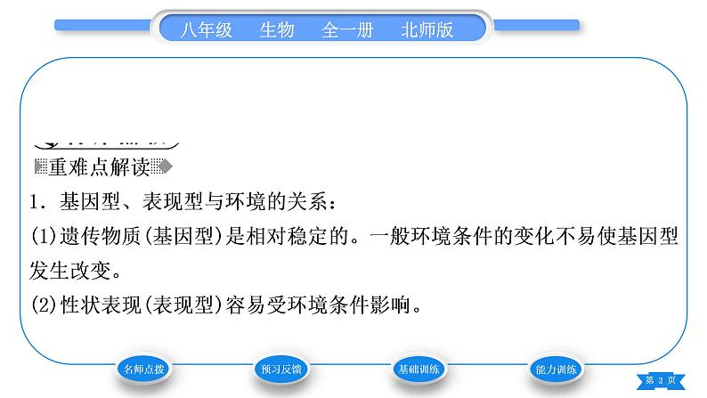 北师大版八年级生物上第6单元生命的延续第20章生物的遗传和变异第5节遗传与环境习题课件02