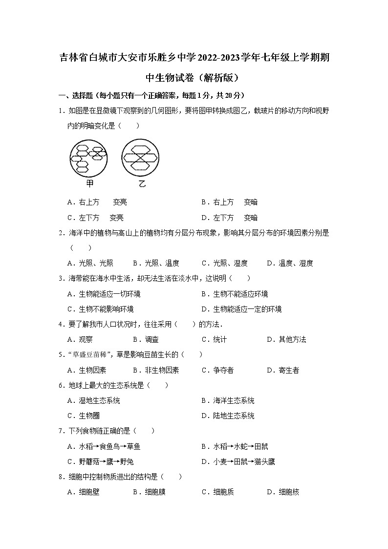 吉林省白城市大安市乐胜乡中学2022-2023学年七年级上学期期中生物试卷(含答案)第1页