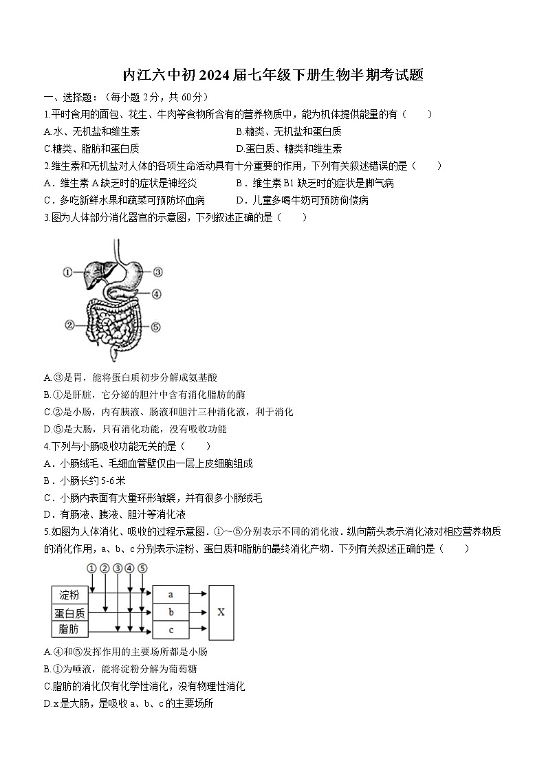 四川省内江市内江市第六中学2021-2022学年七年级下学期期中生物试题(含答案)01