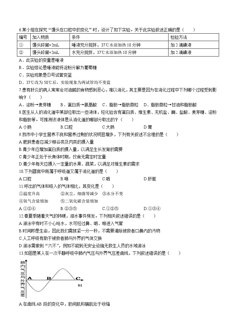 四川省内江市内江市第六中学2021-2022学年七年级下学期期中生物试题(含答案)02