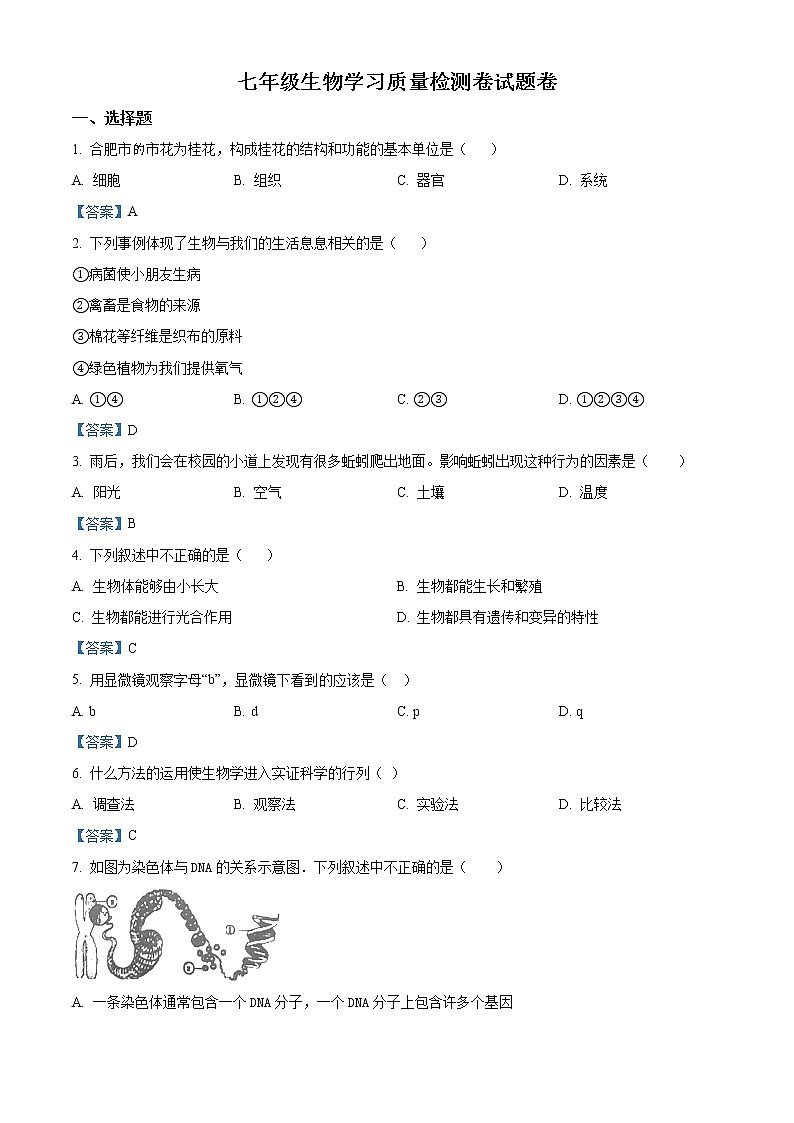 安徽省合肥市瑶海区2021-2022学年七年级上学期期末生物试题第1页