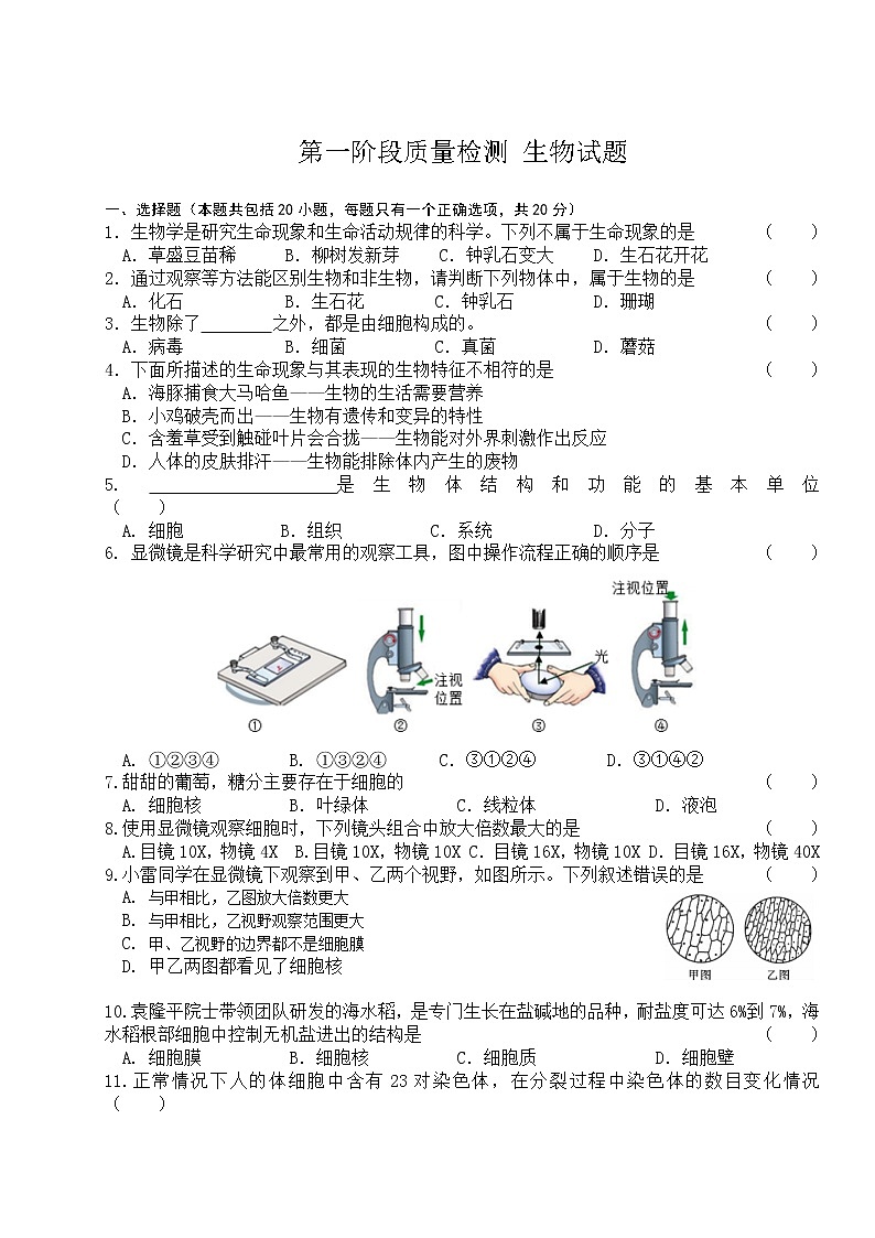 吉林省长春市博硕学校（原北京师范大学长春附属学校）2022-2023学年七年级上学期第一次月考生物试题(含答案)第1页