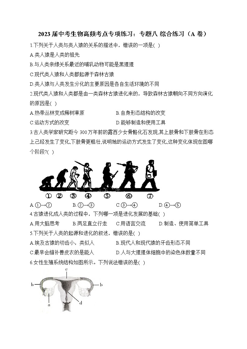 2023届中考生物高频考点专项练习：专题八 综合练习（A卷）第1页
