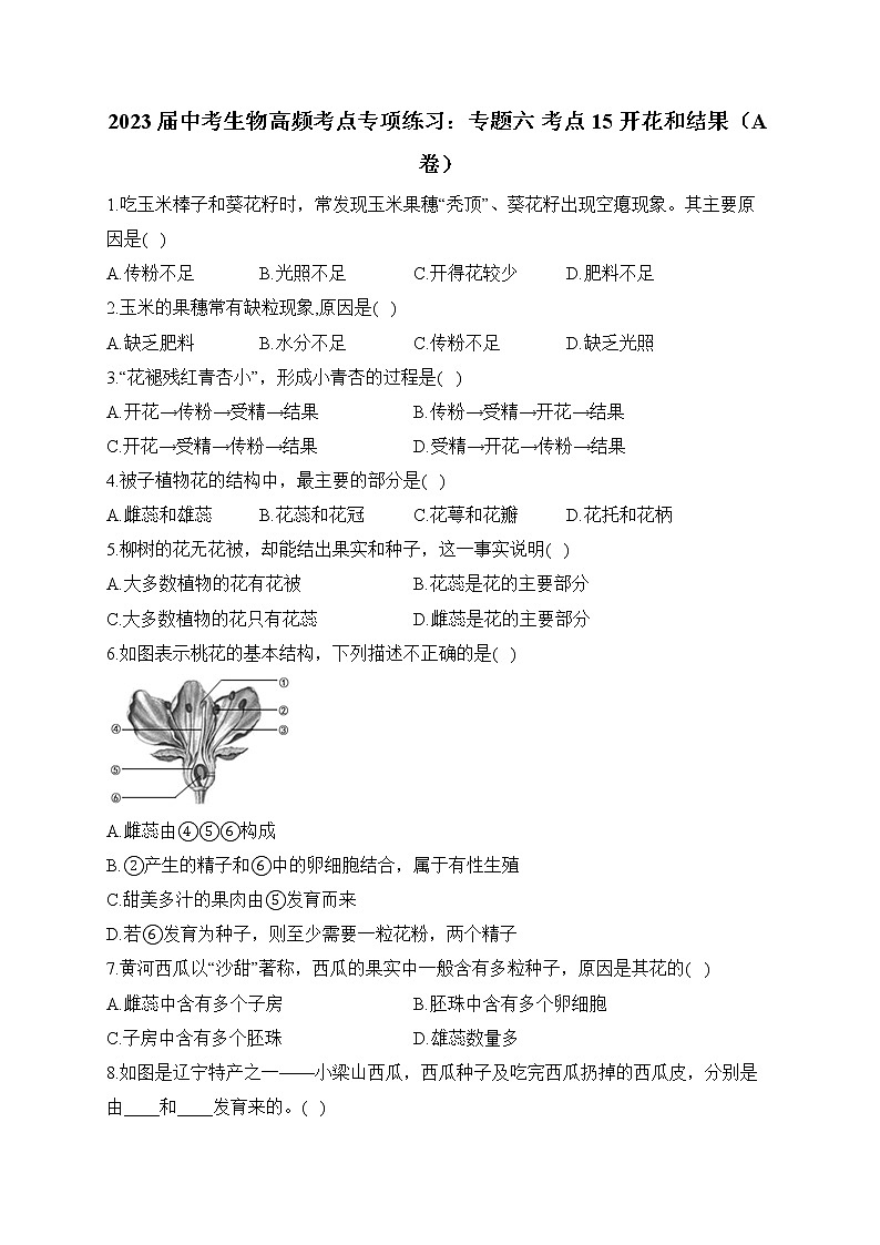 2023届中考生物高频考点专项练习：专题六 考点15 开花和结果（A卷）第1页