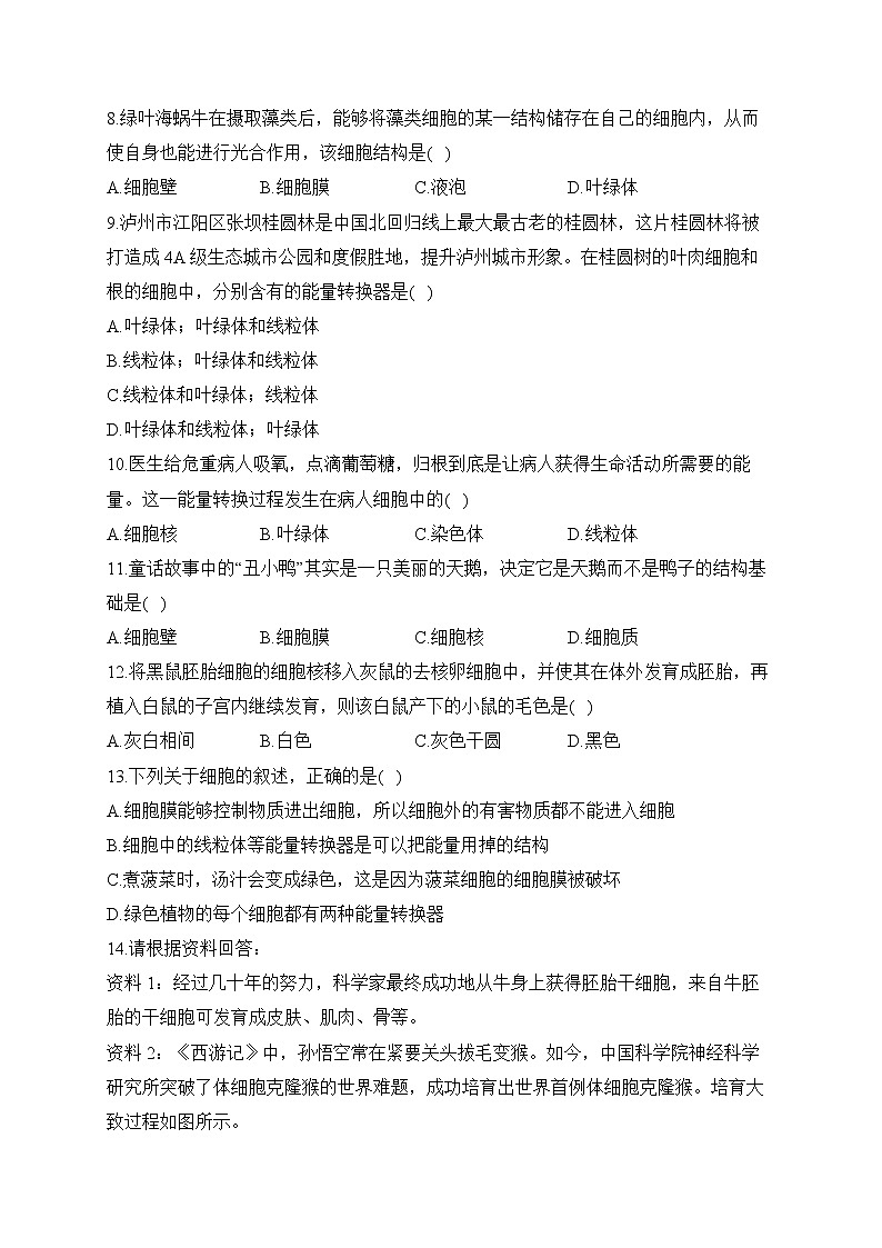 2023届中考生物高频考点专项练习：专题三 考点07 细胞的生活（B卷）02