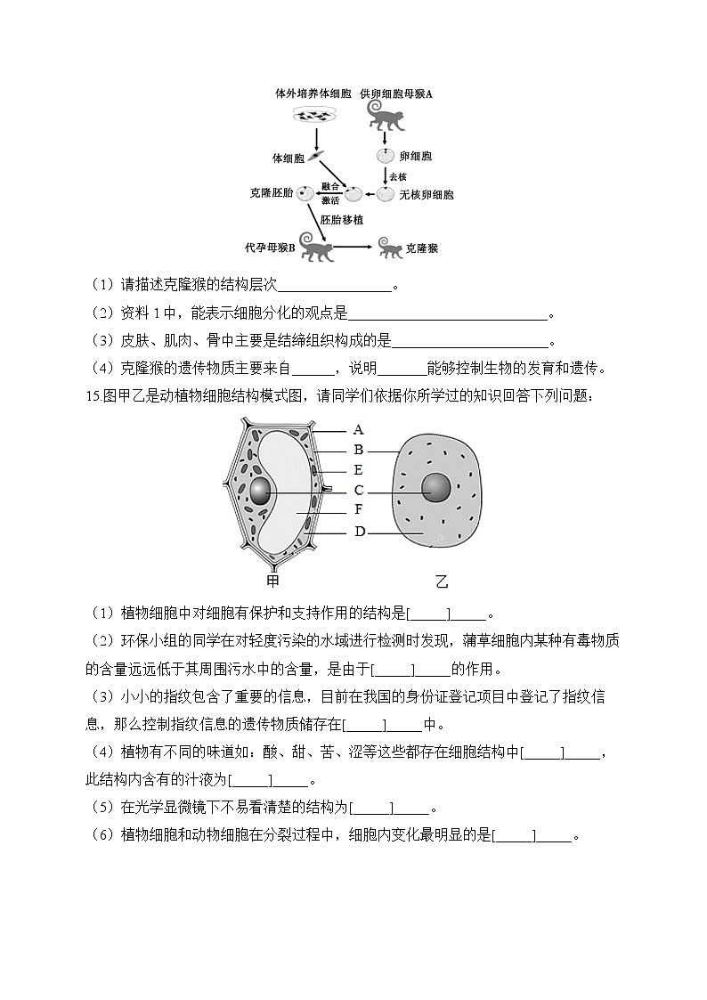 2023届中考生物高频考点专项练习：专题三 考点07 细胞的生活（B卷）03
