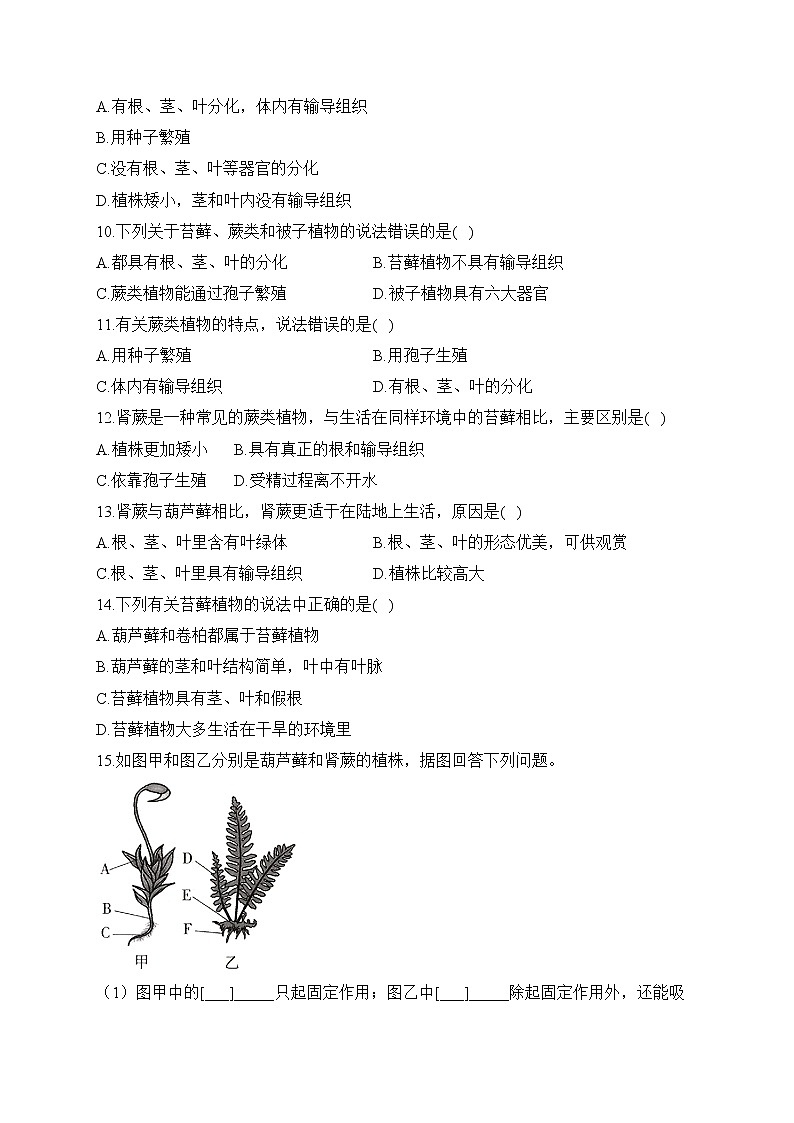 2023届中考生物高频考点专项练习：专题五 考点11 孢子植物（A卷）第2页