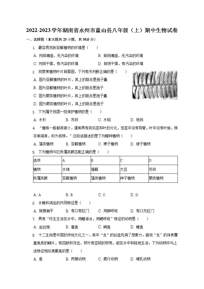 湖南省永州市蓝山县2022-2023学年八年级上学期期中生物试卷(含答案)第1页