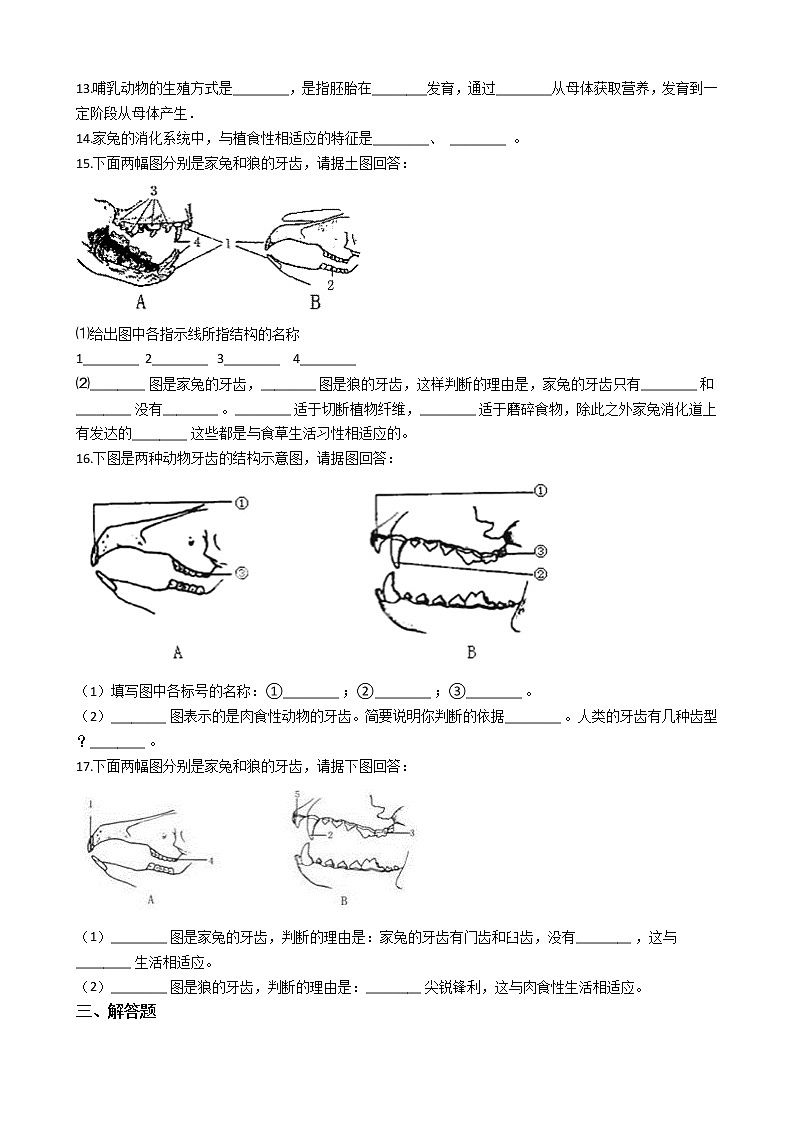 冀教版七年级上册生物 1.4.9哺乳类 同步测试与解析02