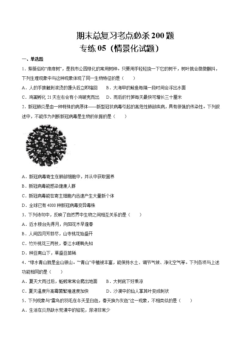 【期末题型专练】人教版生物七年级上学期 期末必刷200题-题型05（情景化试题）（原卷版）第1页
