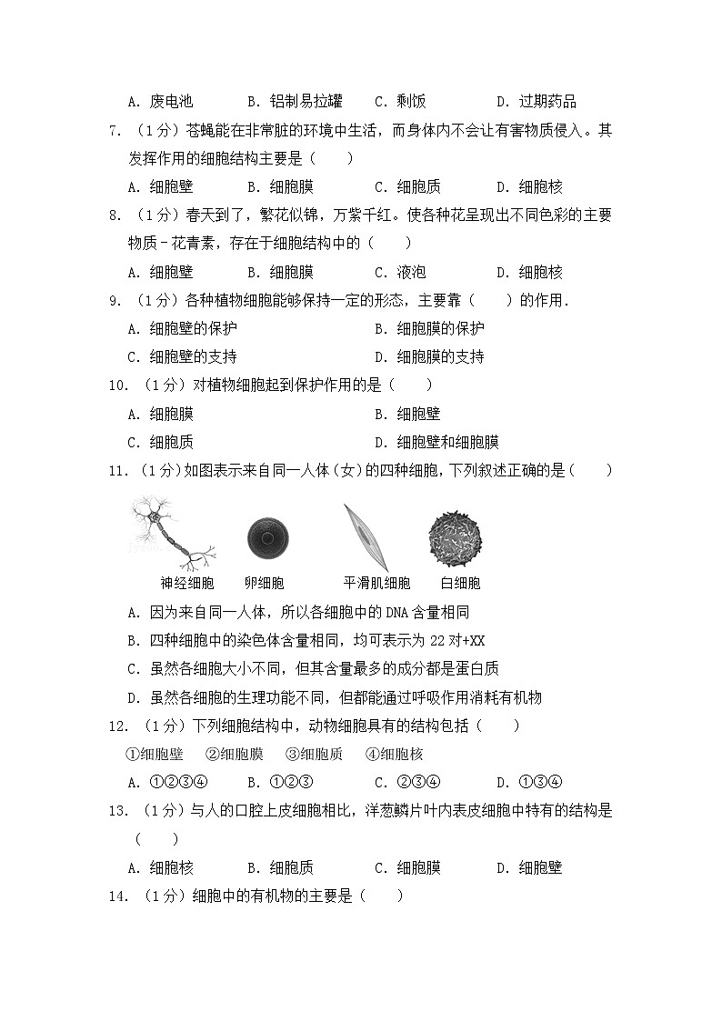 人教版生物七上  期中测试卷 (7)（含答案）02