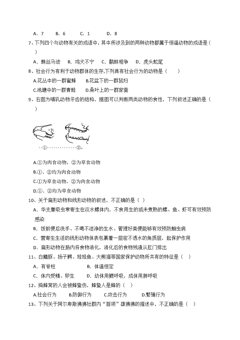 人教版生物八上 期中测试卷8（含答案）第2页