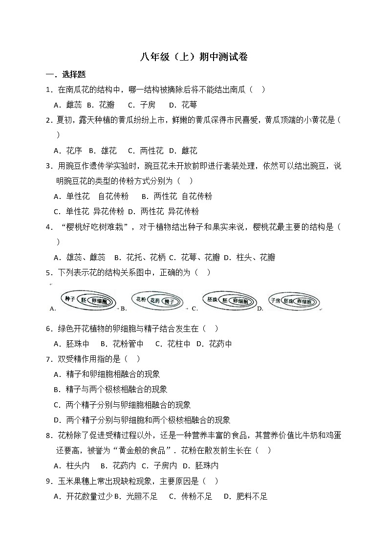 人教版生物八上 期中测试卷9（含答案）第1页