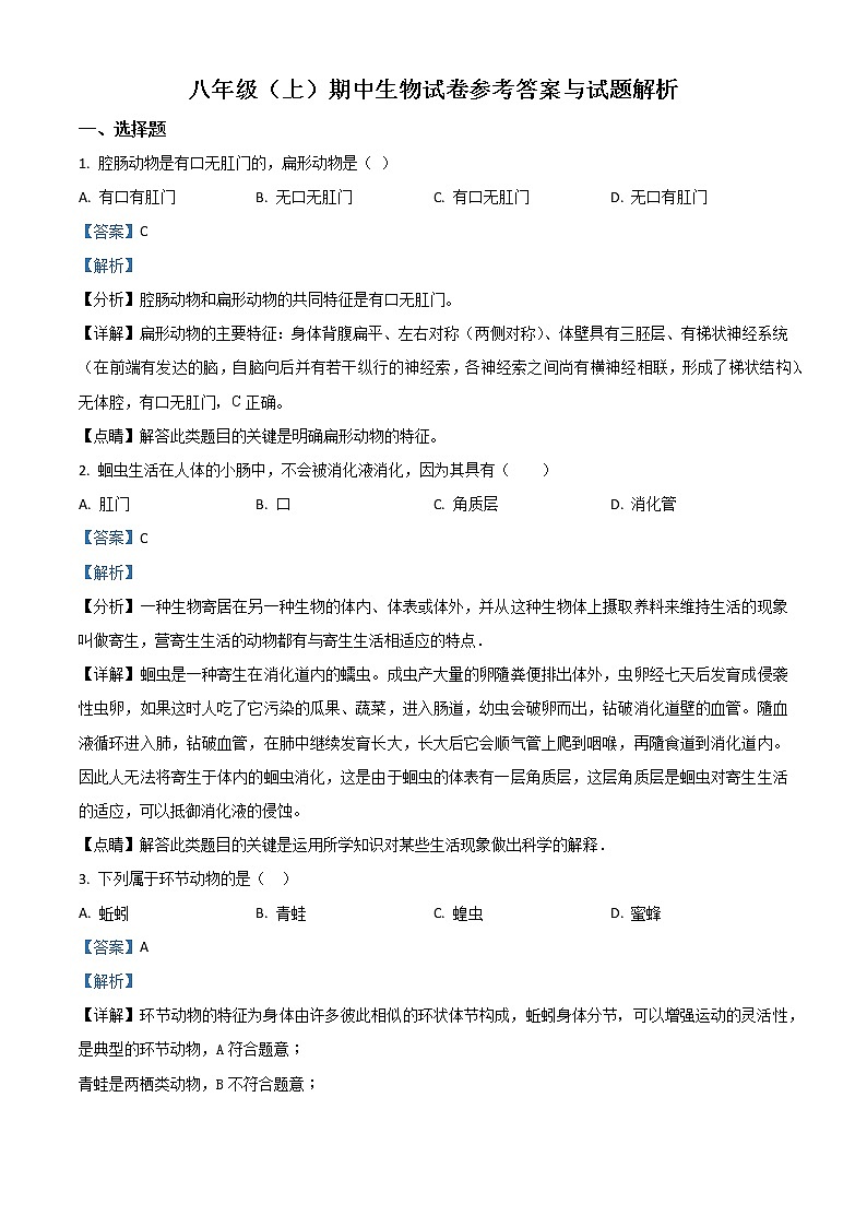 人教版生物八上 期中测试卷1（含答案）第1页