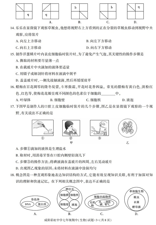陕西省咸阳彩虹中学2021-2022学年七年级上学期期中考试生物试题第3页