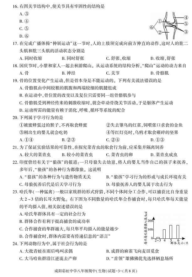 陕西省咸阳彩虹中学2021-2022学年八年级上学期期中考试生物试题第3页
