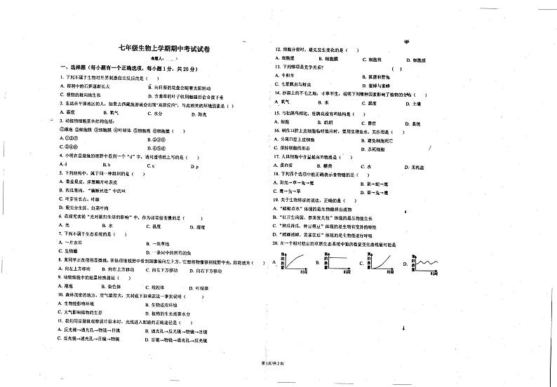 河南省鹤壁市淇滨区鹿鸣中学2022-2023学年七年级上学期期中生物试题第1页
