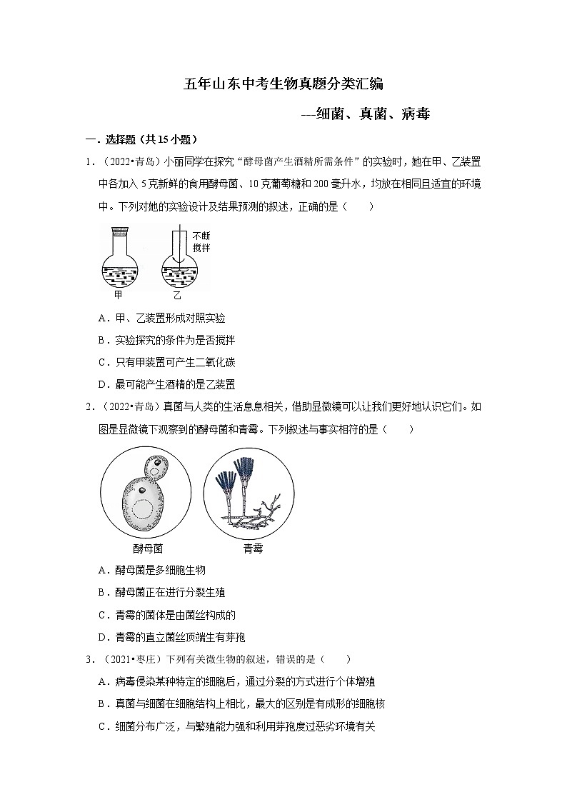 五年山东中考生物真题分类汇编---细菌、真菌、病毒第1页