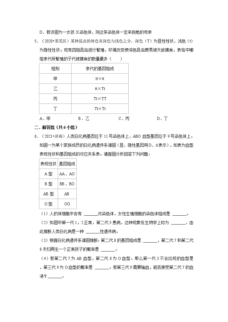 五年山东中考生物真题分类汇编---遗传和变异02