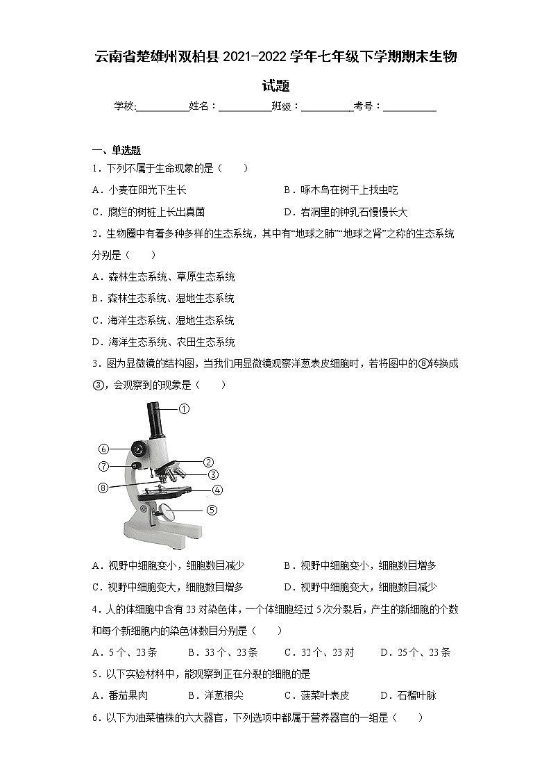 云南省楚雄州双柏县2021-2022学年七年级下学期期末生物试题(含答案)01