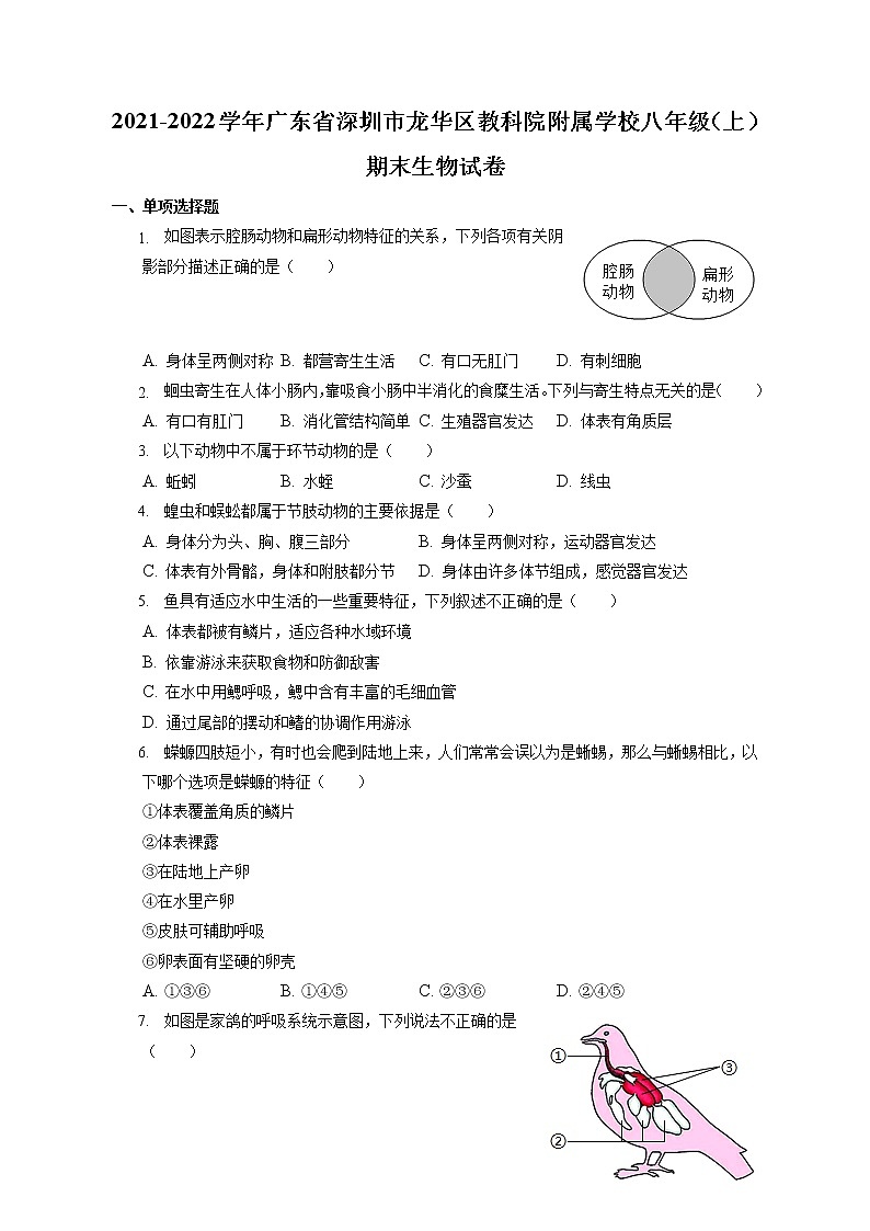 广东省深圳市龙华区教育科学研究院附属学校2021-2022学年八年级上学期期末生物试卷(含答案)第1页