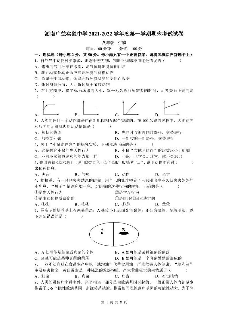 湖南省长沙市广益实验中学2021-2022学年八年级上学期期末考试生物试卷（有答案）01