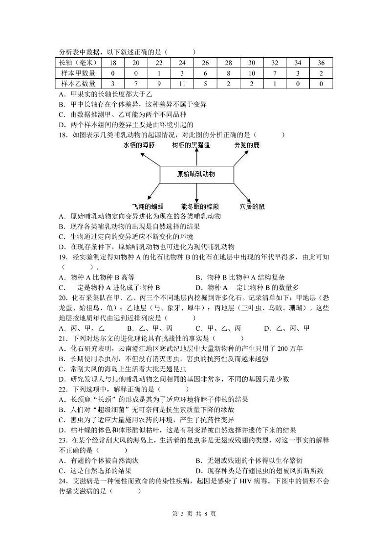 湖南省长沙市广益实验中学2021-2022学年八年级上学期期末考试生物试卷（有答案）03