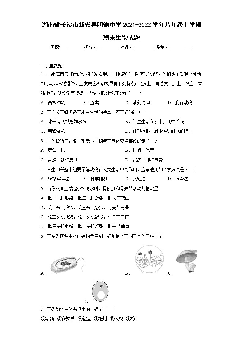 湖南省长沙市新兴县明德中学2021-2022学年八年级上学期期末生物试题(含答案)01