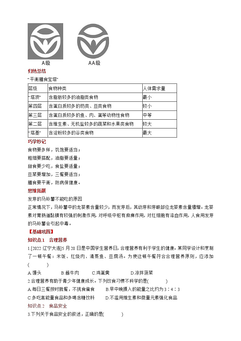 人教版生物七年级下册同步练习4.2.3　合理营养与食品安全02