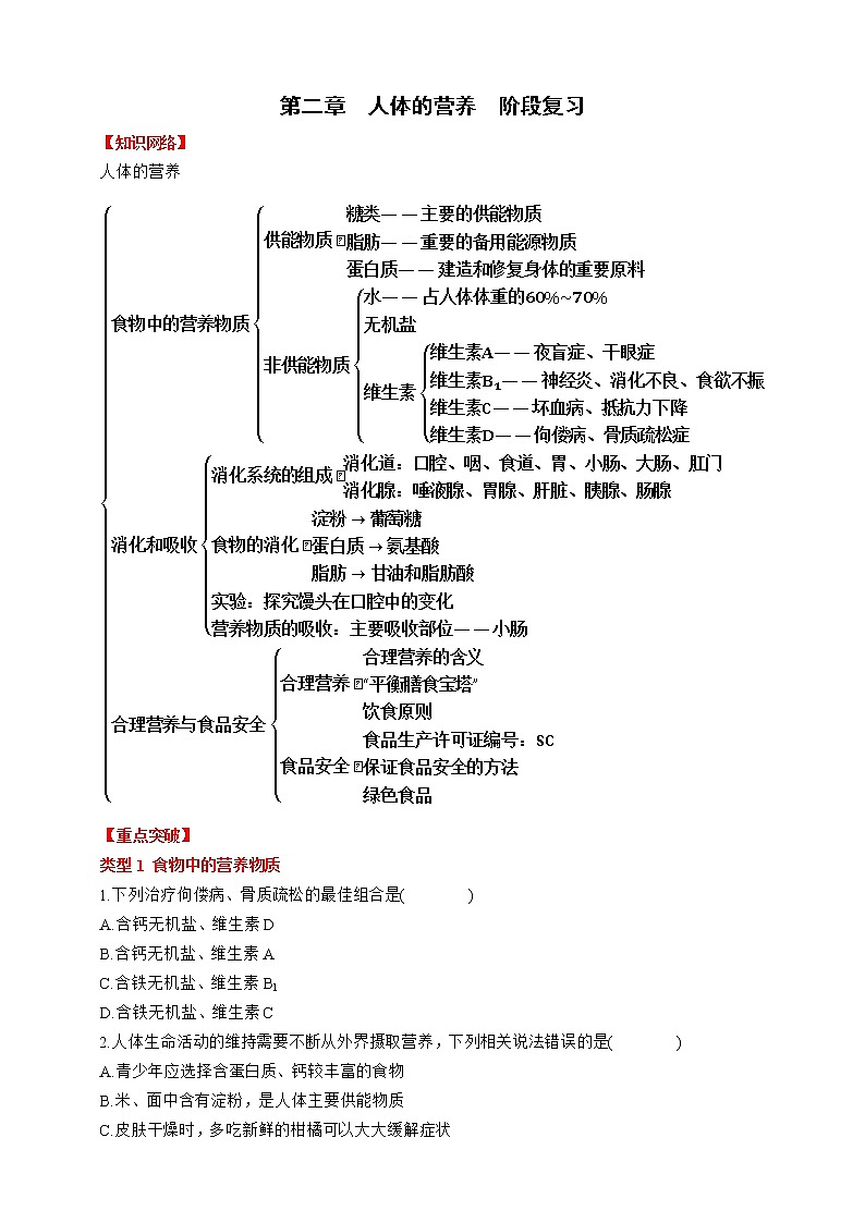 人教版生物七年级下册同步练习 第二章　人体的营养  阶段复习01