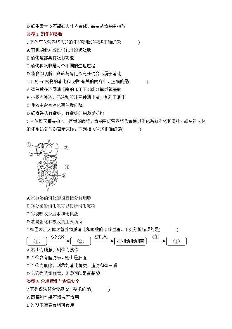 人教版生物七年级下册同步练习 第二章　人体的营养  阶段复习02