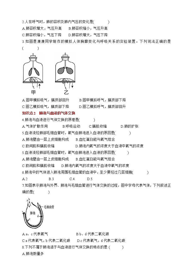 人教版生物七年级下册同步练习4.3.2　发生在肺内的气体交换第3页