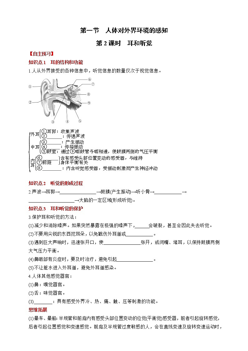 人教版生物七年级下册同步练习4.6.1.2 眼和视觉第1页