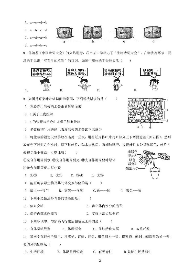 山东济宁市2022-2023年七年级上学期生物期末试题第2页