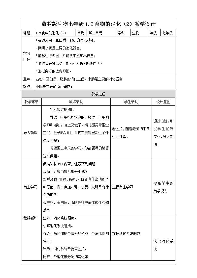 冀教版生物七下2.1.2食物的消化（2）教案第1页