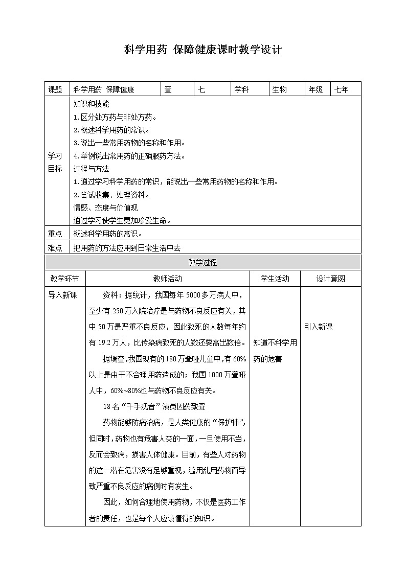 7.1 科学用药 保障健康 课件+教案+练习+视频01