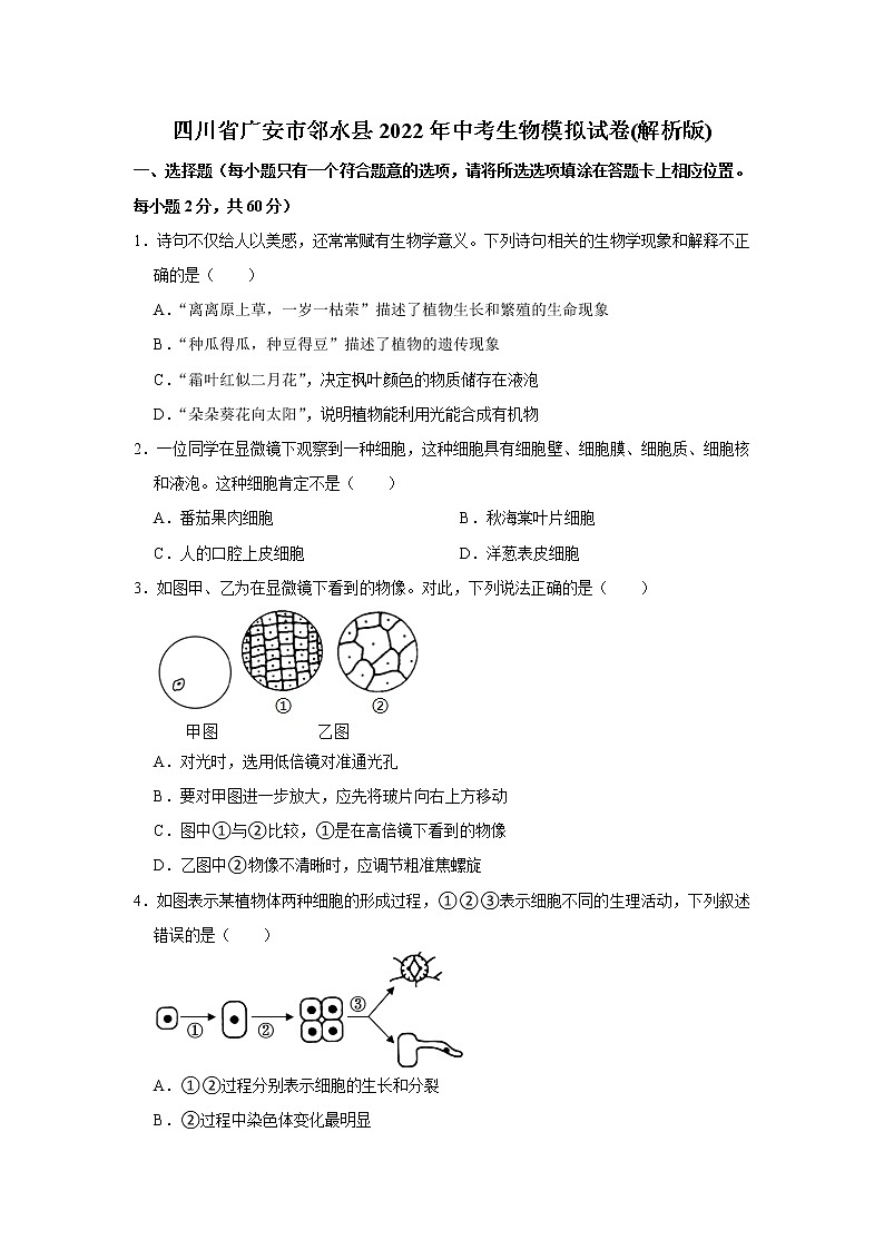 2022年四川省广安市邻水县初中学业水平质量检测模拟生物试题(含答案)01