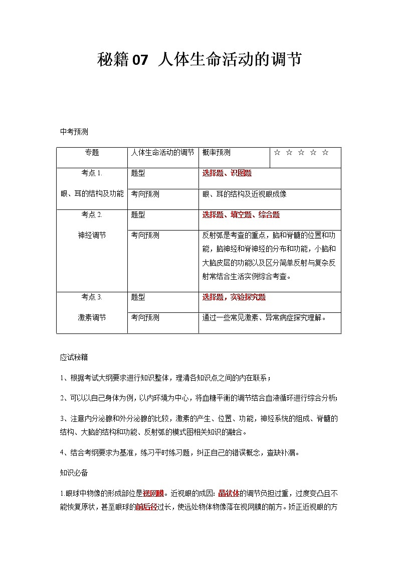 秘籍07 人体生命活动的调节-备战中考生物抢分秘籍（解析版）第1页