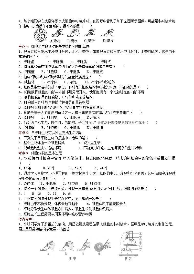 2022届初中生物中考一轮复习考点测试题2：细胞是生命活动的基本单位02