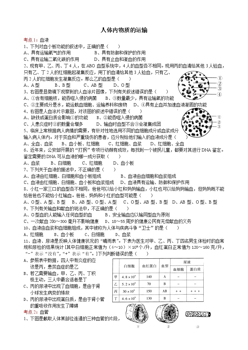 2022届初中生物中考一轮复习考点测试题7人体内物质的运输01