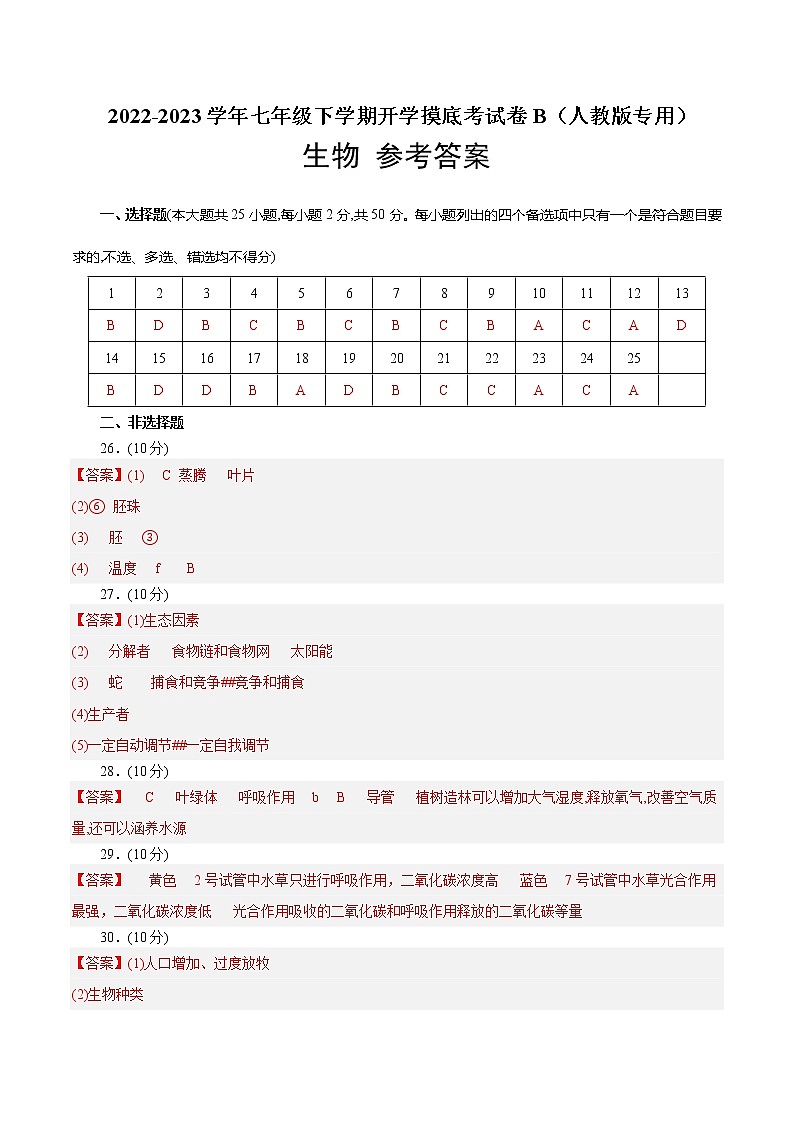 生物-2022-2023学年七年级下学期开学摸底考试卷B（全国通用）（参考答案）第1页