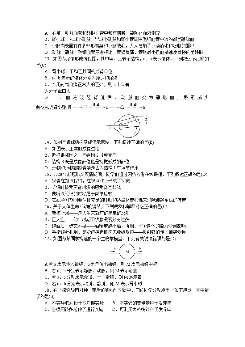 人教版七年级生物下册期末测试题含答案第3页