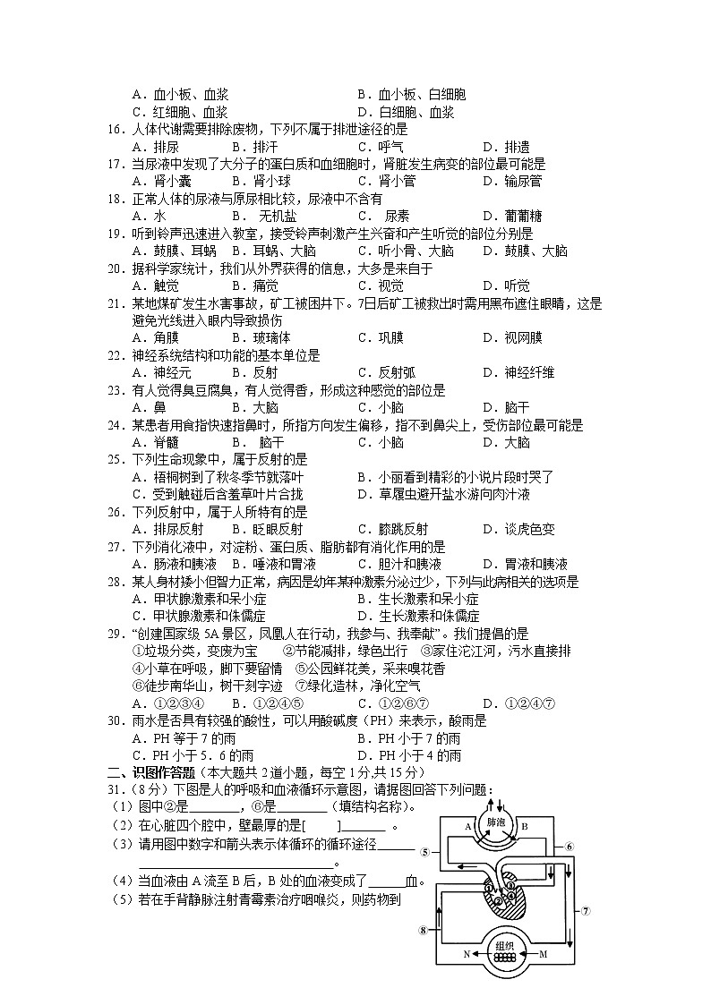 湖南省湘西凤凰县2020-2021学年七年级下学期期末检测生物试卷02