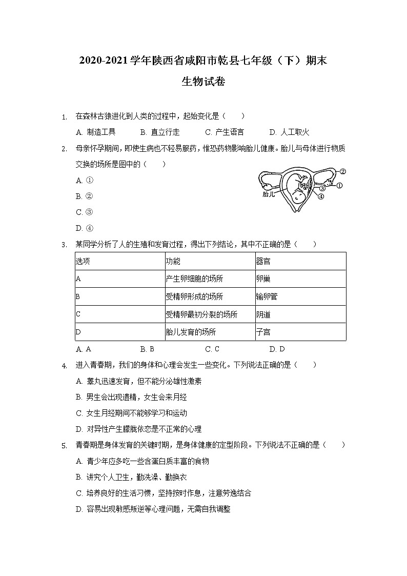 陕西省咸阳市乾县2020-2021学年七年级下学期期末考试生物试卷第1页