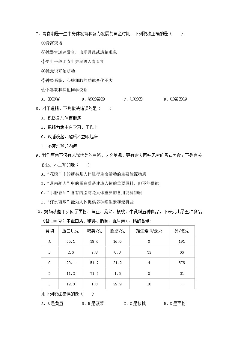 四川省绵阳市江油市2021-2022学年七年级下学期期中考试生物试卷02