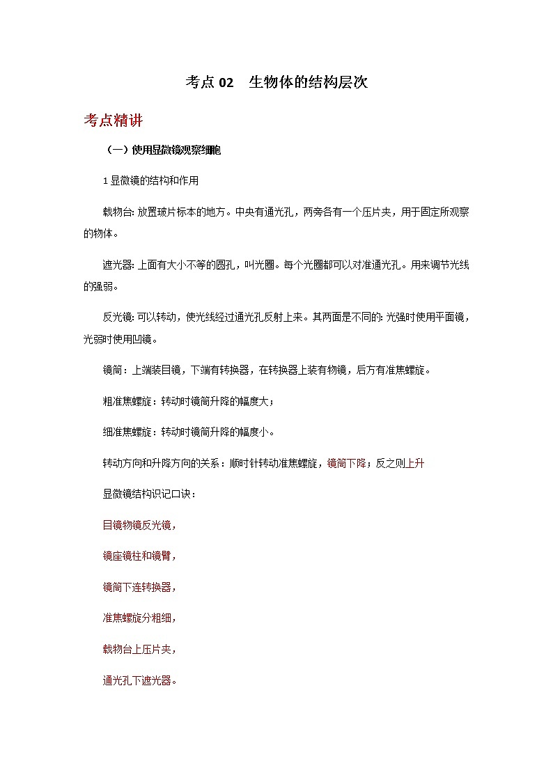 备战2023年新中考二轮生物专题导练 考点02 生物体的结构层次01