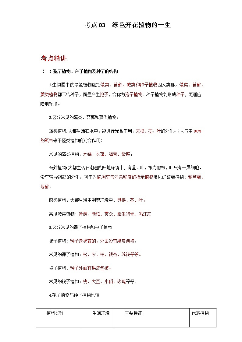 备战2023年新中考二轮生物专题导练 考点03 绿色开花植物的一生01