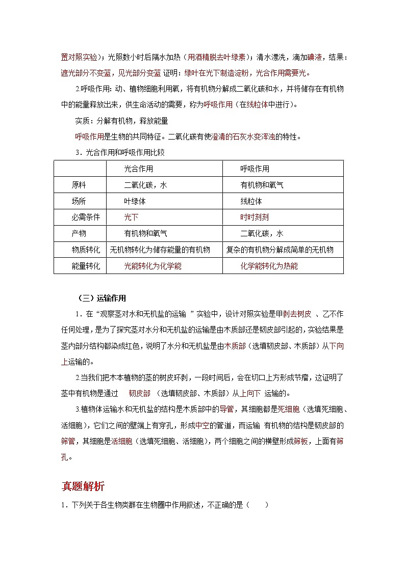 备战2023年新中考二轮生物专题导练 考点04 绿色植物的作用02